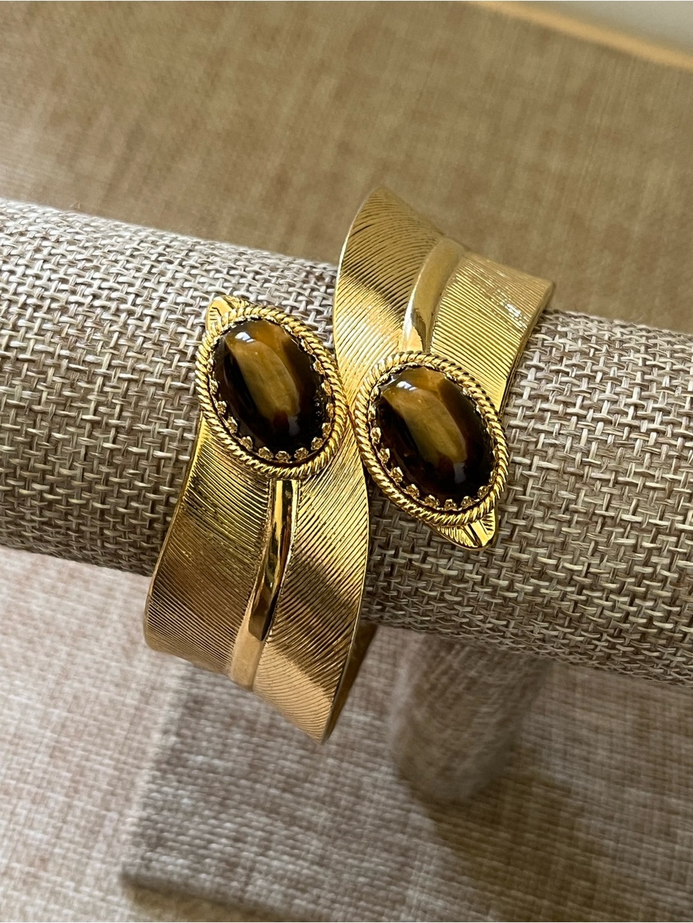 Gold-Tone Cuff Bracelet with Tiger's Eye Cabochon